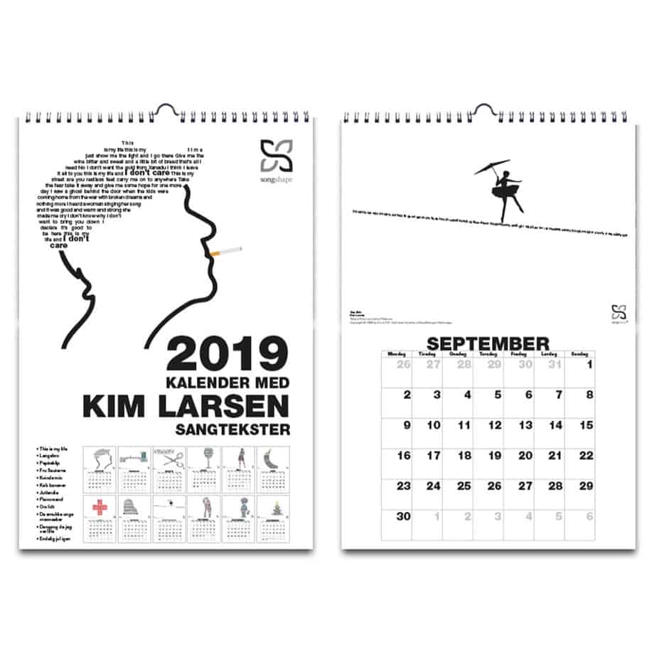 Flot 2019-vægkalender med 12 af Kim Larsens store hits.