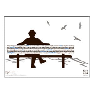 Dekorativ plakat med Gnags' tekst "når jeg bliver gammel" opsat i grafisk form, som danner en bænk med en ældre mand.