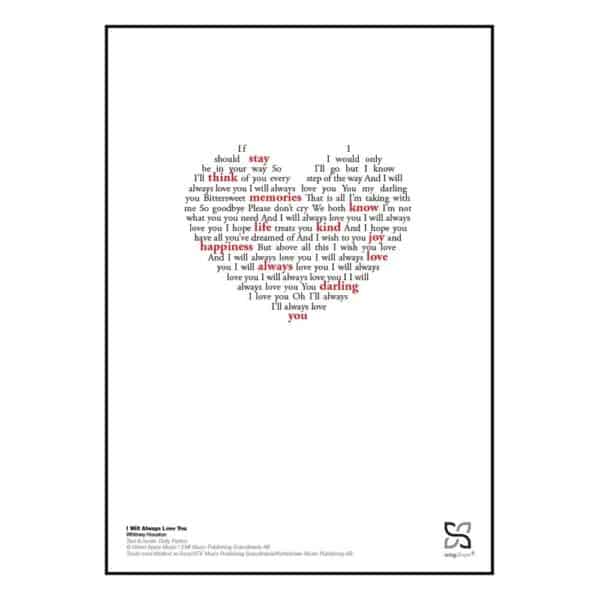 Plakat med sangteksten til Whitney Houstons/Dolly Partons "I Will Always Love You".