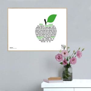 Plakat med sangteksten børnesangen “Æblemand” designet i grafisk form, så teksten danner et æble.