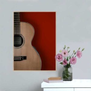 Fotoplakat med akustisk guitar med rød baggrund.