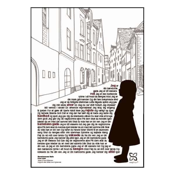 Plakat med sangteksten til "Barndommens Gade" af Anne Linnet.