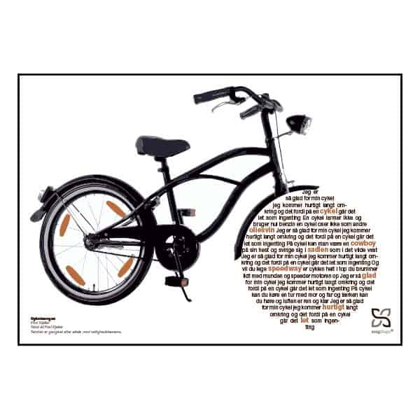 Plakat med sangteksten “Cykelsangen (Jeg er så glad for min cykel)" af Povl Kjøller.
