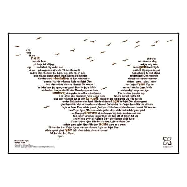 Plakat med sangteksten til Michael Falchs “De vildeste fugle”.