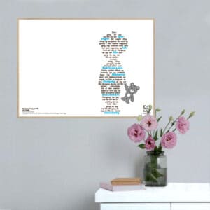 Smuk musikplakat med Kim Larsens nostalgiske "Dengang da jeg var lille" opsat i grafisk form, så teksten danner et barn med en bamse.
