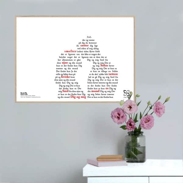 Skøn plakat med Dieters Lieders tekst "Dig og mig" opsat i grafisk form, som danner et forelsket par.