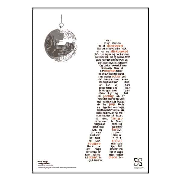 Smuk plakat med Tommy Seebachs melodi grand prix hit "disco tango" opsat i grafisk form, som danner en silhuet af en danser med trompetbukser.