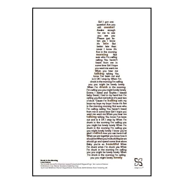 Enkel og ikonisk plakat med Lukas Graham hittet "drunk in the morning" opsat i grafisk form, som danner en flaske.