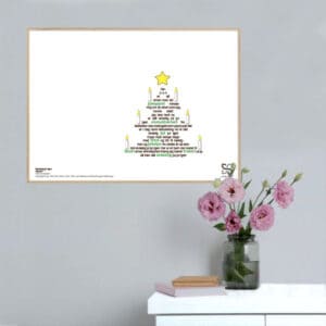 Smuk musikplakat med Kim Larsens julehit "Endelig Jul" opsat i grafisk form, så teksten danner et juletræ.