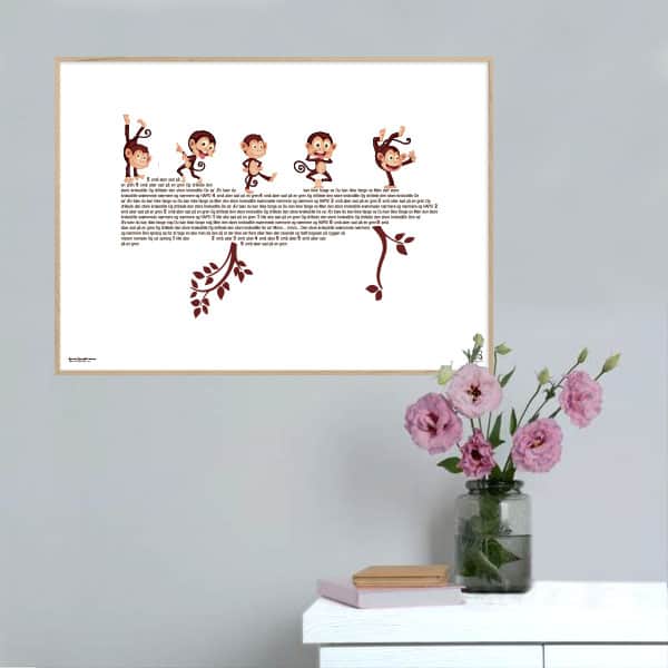 Musikplakat med børnesangen "Fem små aber sad på en gren"