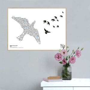 Flot plakat med Tørfisks hit "Fuglene letter mod vinden" opsat i grafisk form, som danner et billede af en fugl.