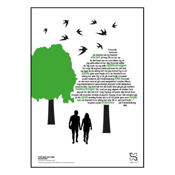 Plakat med sangteksten til Michael Falchs “Juble igen som fugle”.