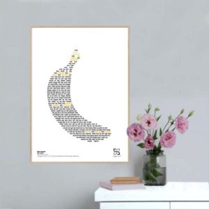 Grafisk musikplakat med sangteksten til Kim Larsens “Køb bananer” opsat i grafisk form, så teksten danner en banan
