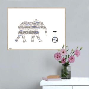 Plakat med elsket børnesang "mon du bemærket har" opsat i grafisk form så teksten danner et billede af en elefant.