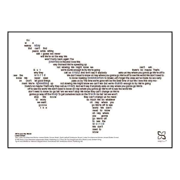 Enkel og ikonisk plakat med Lukas Graham hittet "off to seethe world" opsat i grafisk form, som danner et par solbriller.