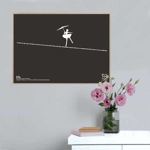 Grafisk musikplakat med sangteksten til Kim Larsens “Om lidt” opsat i grafisk form, så teksten danner en line med en linedanser