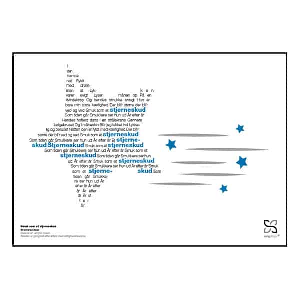Grafisk musik-plakat med Brødrene Olsens tekst "Smuk som et stjerneskud" opsat i grafisk form, så teksten danner en stjerne.