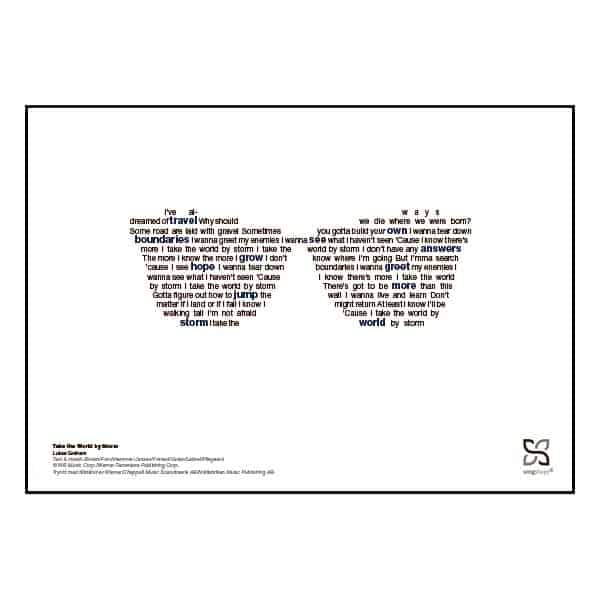 Enkel og ikonisk plakat med Lukas Graham hittet "take the world by storm" opsat i grafisk form, som danner et par solbriller.
