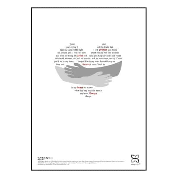 Plakat med sangteksten til Phil Collins' “You'll Be In My Heart”.
